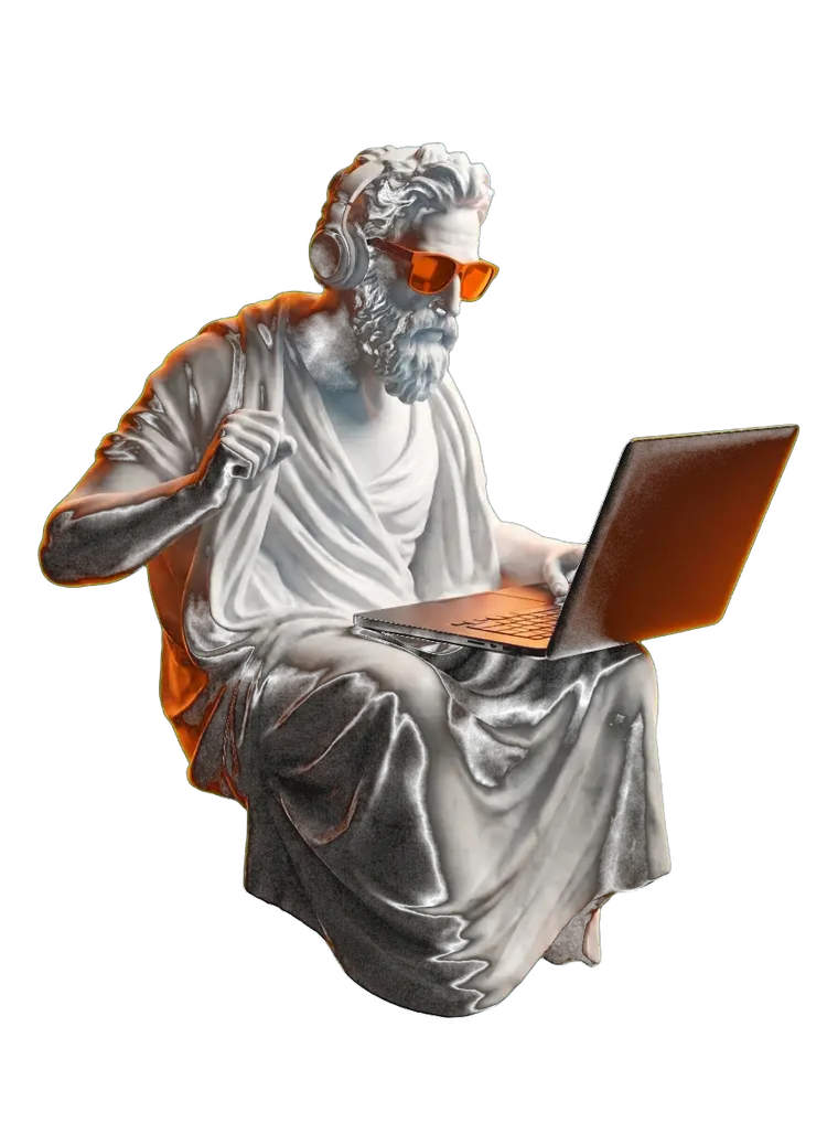 Classical marble sculpture wearing headphones and orange sunglasses, working on a laptop.